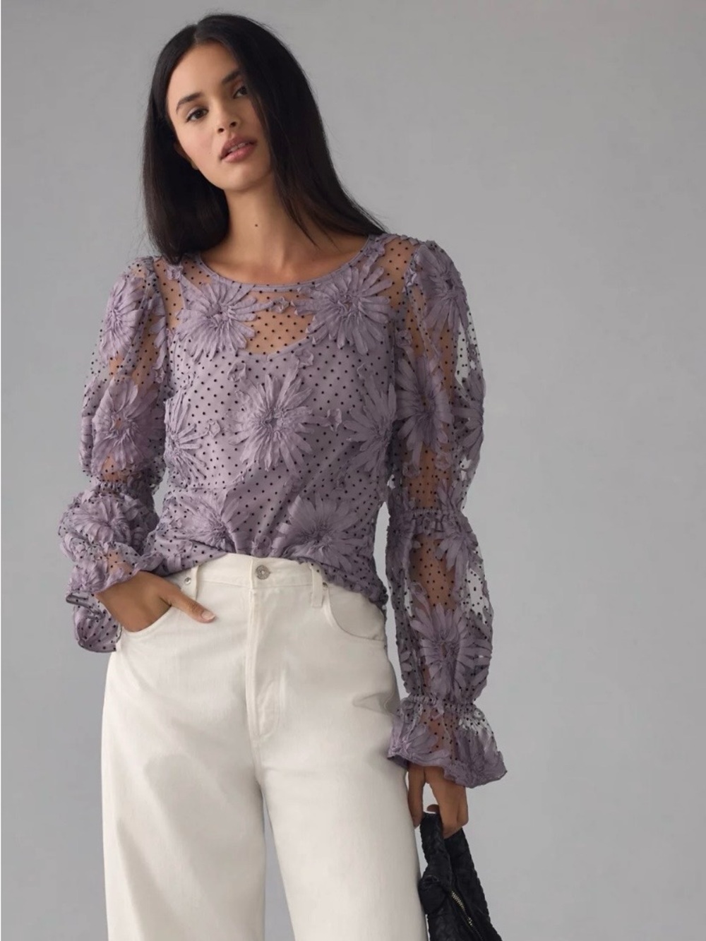 Eva Franco Lavender Sheer Floral Appliqué Blouse
